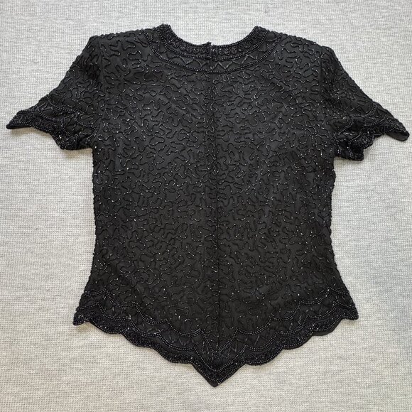 Cote D Azur Evening Womens M Black Beaded Silk Blouse Short Sleeve Back Zip NWT - Picture 4 of 16